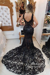 Mermaid Lace V-neck Long Prom Dresses With Court Train